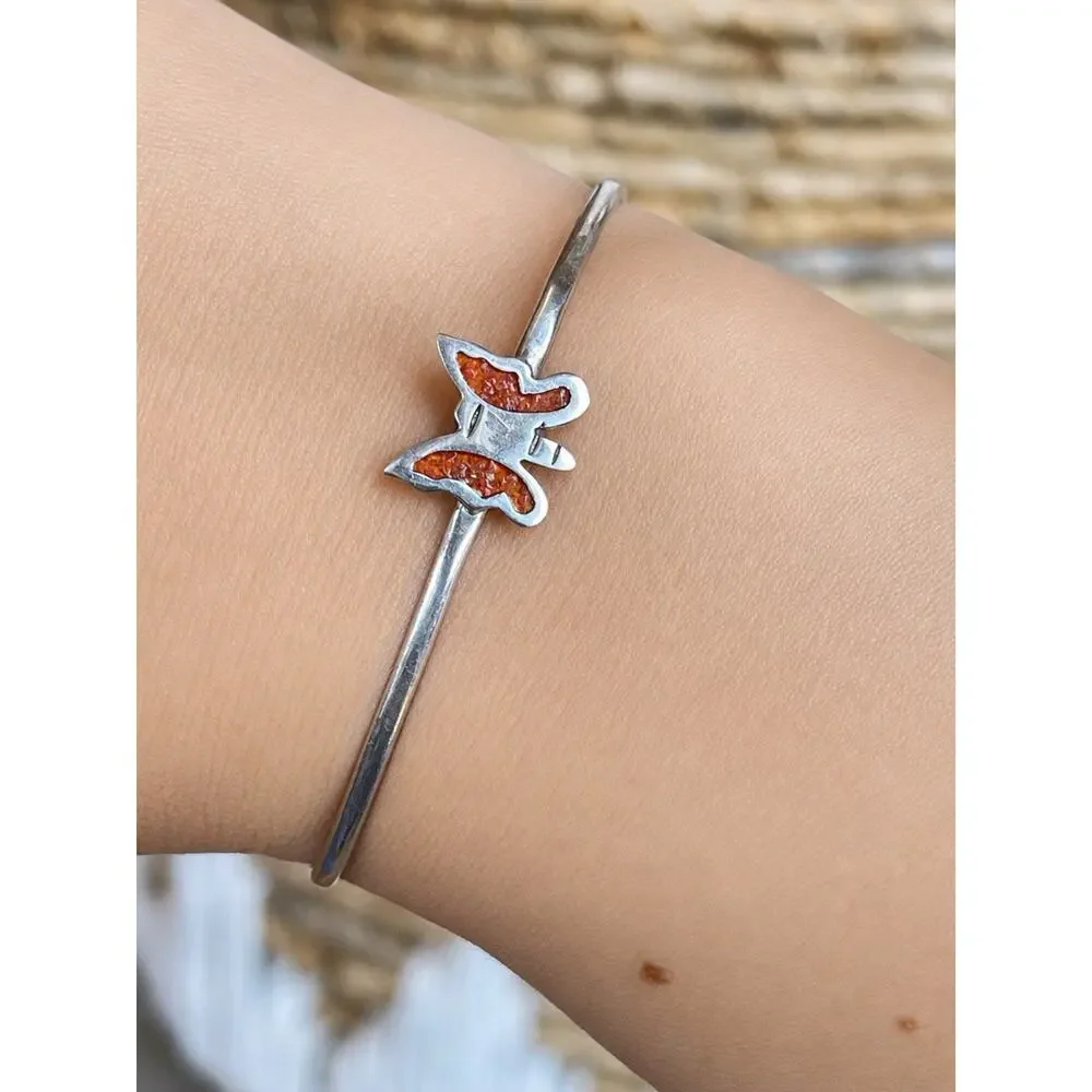Vintage Taxco Mexico Sterling Silver Coral Butterfly Cuff Bracelet Southwestern